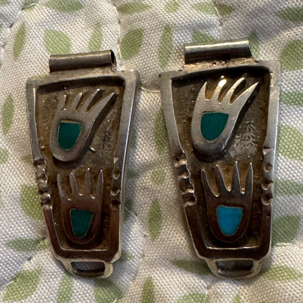 Vintage Native American watch ends inlaid turquoise bear claw design. 11/2”